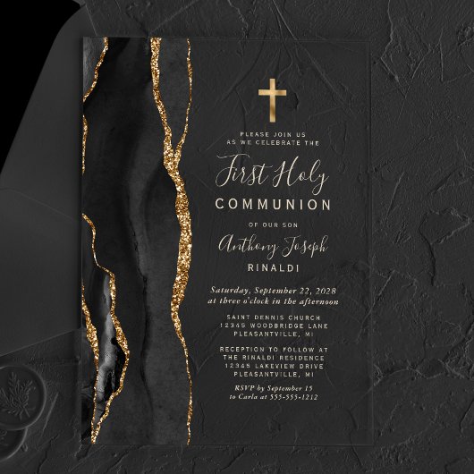 Zwarte Agaat Gouden Tekst Eerste Heilige Communie Acryl Uitnodigingen