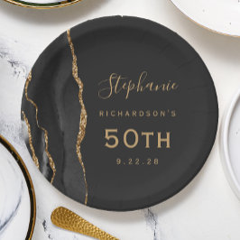 Zwarte Agaat Marmer Goud Donker 50ste Verjaardag Papieren Bordje