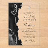 Zwarte Agaat Zilver Eerste Heilige Communie Acryl Uitnodigingen (Voorkant)