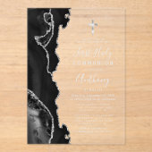 Zwarte Agaat Zilver Grijs Tekst Eerste Heilige Com Acryl Uitnodigingen (Voorkant)