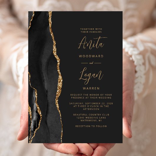 Zwarte Agate Elegante Gouden Script Trouw Kaart