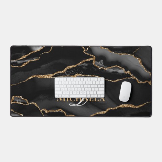 Zwarte Agate Geode Gouden Glitter Monogram Modern Bureaumat (Keyboard & Muis)