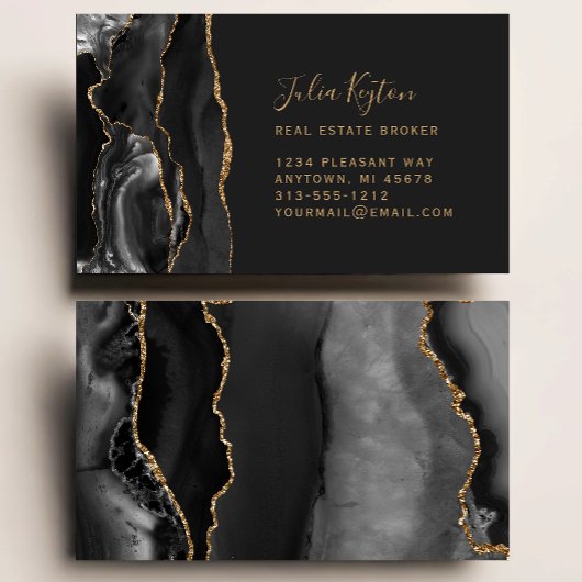 Zwarte Agate Geode Gouden Glitter Onroerend Goed Visitekaartje