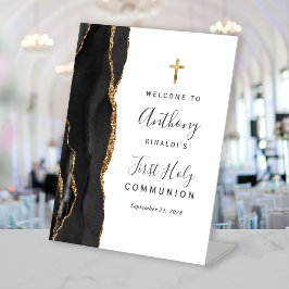 Zwarte Agate Goud Eerste Heilige Communie Welkom Reclamebord Met Voetstuk