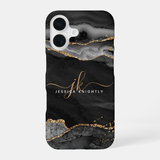 Zwarte Agate Gouden Glitter Schrift Monogram iPhone 16 Hoesje (Achterkant)