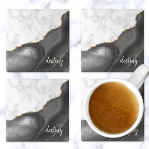 Zwarte Agate Handtekening Witte Marmer Gouden Glit Stenen Onderzetter