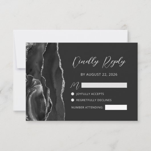Zwarte Agate Zilveren Glitter Script Bruiloft RSVP Kaartje (Voorkant)