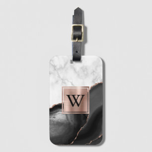 Zwarte Agaten Roze Goud Witte Marmer Monogram Bagagelabel