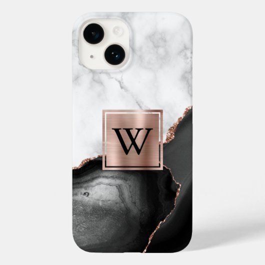 Zwarte Agaten Roze Goud Witte Marmer Monogram Case-Mate iPhone Case (Achterkant)