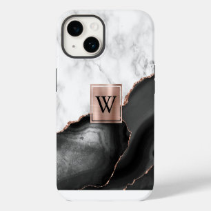 Zwarte Agaten Roze Goud Witte Marmer Monogram iPhone 14 Hoesje