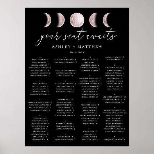 Zwarte Alfabetische Wedding Zitting Grafiek | Maan Poster (Voorkant)