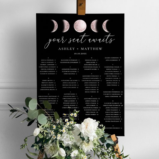 Zwarte Alfabetische Wedding Zitting Grafiek | Maan Poster