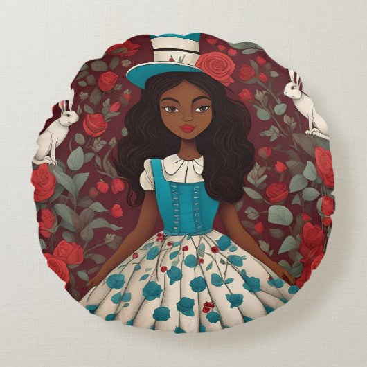 Zwarte Alice in Wonderland Rond Kussen (Voorkant)
