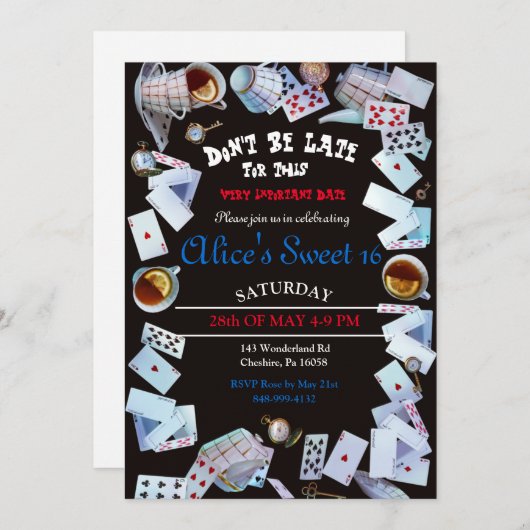 Zwarte Alice in Wonderland theepartij uitnodiginge Kaart (Voorkant / Achterkant)