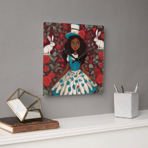 Zwarte Alice in Wonderland Vierkante Klok