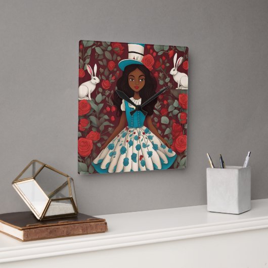 Zwarte Alice in Wonderland Vierkante Klok (Kantoor)