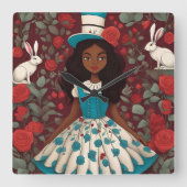 Zwarte Alice in Wonderland Vierkante Klok (Voorkant)