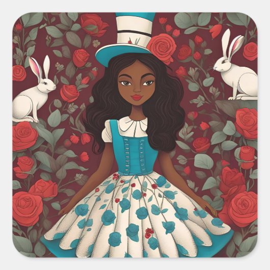 Zwarte Alice in Wonderland Vierkante Sticker (Voorkant)