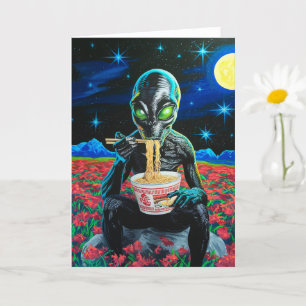 Zwarte Alien Groene Ogen Eten Noodles Alle gelegen Kaart
