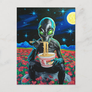 Zwarte Alien Groene Ogen Eten Noodles In Bloemen Briefkaart