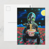 Zwarte Alien Groene Ogen Eten Noodles In Bloemen Briefkaart (Voorkant / Achterkant)