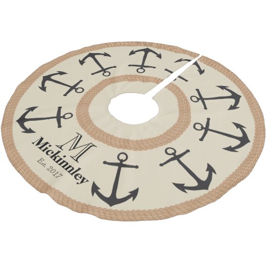 Zwarte Anchors en bruine Rope Nautical Familienaam Kerstboom Rok (Gekanteld)