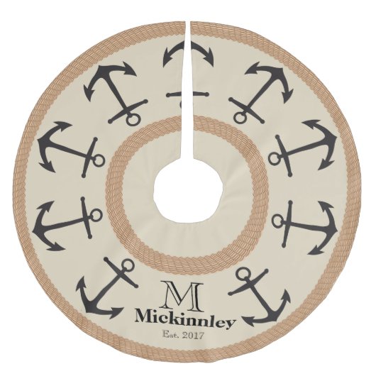 Zwarte Anchors en bruine Rope Nautical Familienaam Kerstboom Rok (Voorkant)