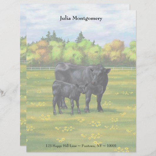 Zwarte Angus-Koe en Cute Calf in Summer Pasture Le Briefhoofd (Voorkant / Achterkant)