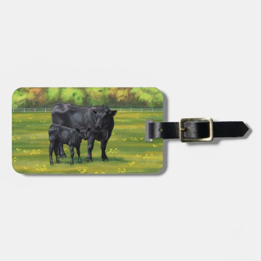 Zwarte Angus-Koe en Cute Calf in zomerperiode Bagagelabel (Voorkant horizontaal)