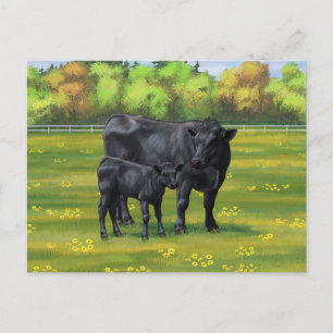 Zwarte Angus-Koe en Cute Calf in zomerperiode Briefkaart