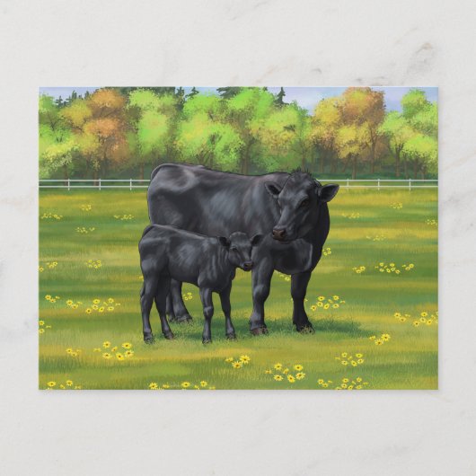 Zwarte Angus-Koe en Cute Calf in zomerperiode Briefkaart (Voorkant)