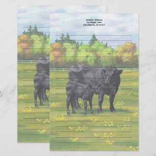 Zwarte Angus-Koe en Cute Calf in zomerperiode Briefpapier