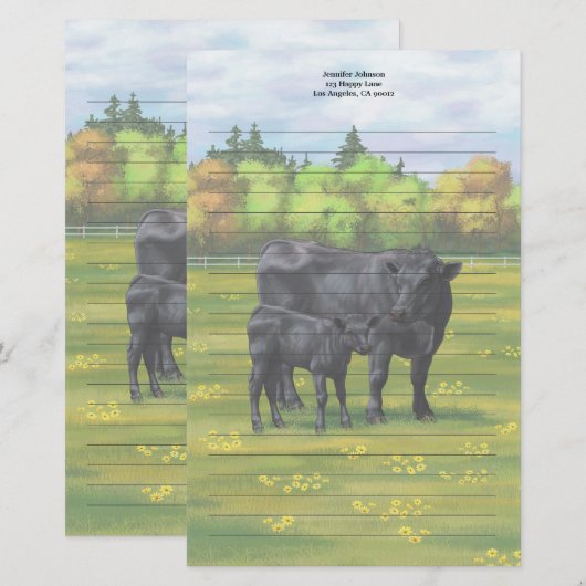 Zwarte Angus-Koe en Cute Calf in zomerperiode Briefpapier (Voorkant / Achterkant)