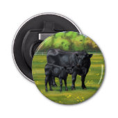 Zwarte Angus-Koe en Cute Calf in zomerperiode Button Flesopener (Voorkant)