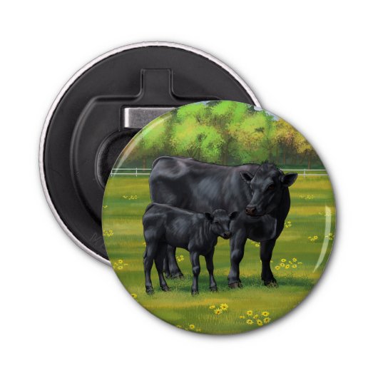 Zwarte Angus-Koe en Cute Calf in zomerperiode Button Flesopener (Voorkant)