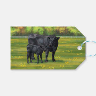 Zwarte Angus-Koe en Cute Calf in zomerperiode Cadeaulabel