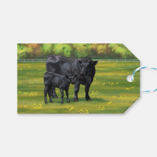 Zwarte Angus-Koe en Cute Calf in zomerperiode Cadeaulabel (Voorkant (Horizontaal))