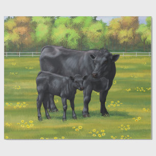 Zwarte Angus-Koe en Cute Calf in zomerperiode Cadeaupapier