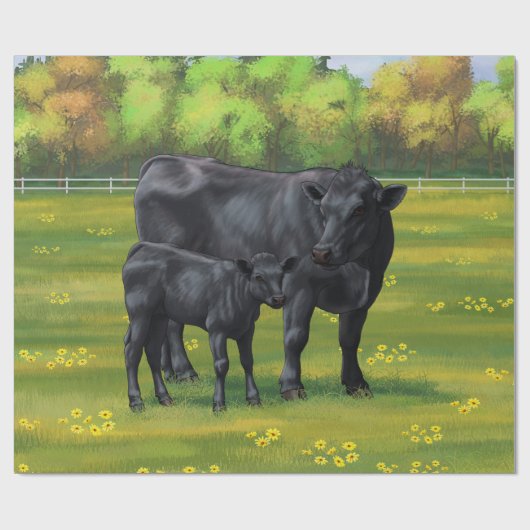 Zwarte Angus-Koe en Cute Calf in zomerperiode Cadeaupapier (Vlak)