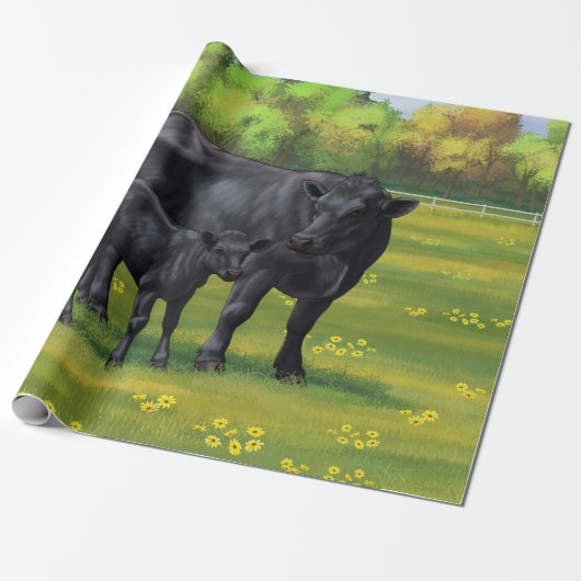 Zwarte Angus-Koe en Cute Calf in zomerperiode Cadeaupapier (Uitgerold)
