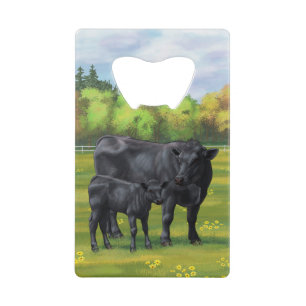 Zwarte Angus-Koe en Cute Calf in zomerperiode Creditkaart Flessenopener
