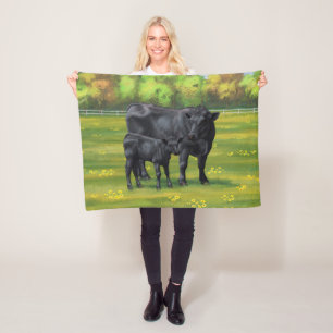 Zwarte Angus-Koe en Cute Calf in zomerperiode Fleece Deken