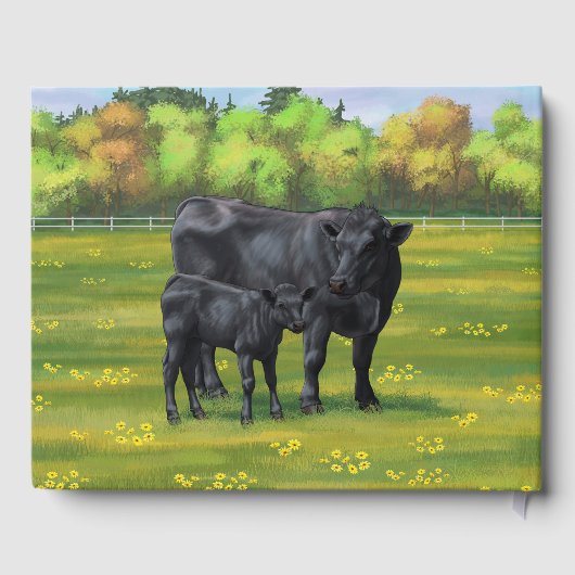 Zwarte Angus-Koe en Cute Calf in zomerperiode Gastenboek (Achterkant)