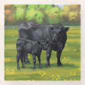 Zwarte Angus-Koe en Cute Calf in zomerperiode Glazen Onderzetter (Voorkant)