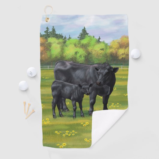 Zwarte Angus-Koe en Cute Calf in zomerperiode Golfhanddoek (Insitu)