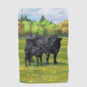 Zwarte Angus-Koe en Cute Calf in zomerperiode Golfhanddoek (Voorkant)