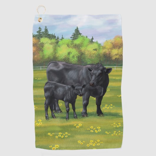 Zwarte Angus-Koe en Cute Calf in zomerperiode Golfhanddoek (Voorkant)