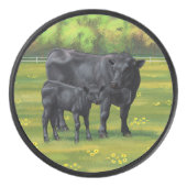 Zwarte Angus-Koe en Cute Calf in zomerperiode Hockey Puck (Voorkant)
