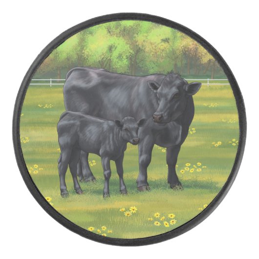 Zwarte Angus-Koe en Cute Calf in zomerperiode Hockey Puck (Voorkant)