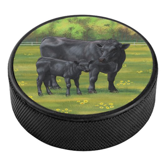 Zwarte Angus-Koe en Cute Calf in zomerperiode Hockey Puck (3/4)